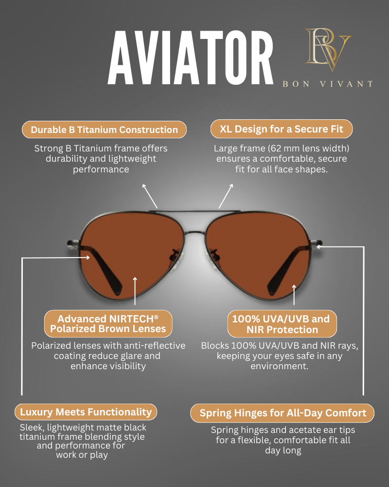 Bon Vivant High-Performance Unisex Aviator Sunglasses | Black Frame | NIRTECH® Non-Polarized Brown Glass Lenses (Model #: 219078-C281-G) | Lightweight Titanium, Anti-Reflective Coating, Spring Hinges, 100% UVA/UVB Protection, Durable B Titanium Frame